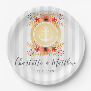 Nautical Watercolor Floral Gold Anchor Wedding Paper Plates