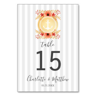 Nautical Watercolor Floral Gold Anchor Wedding Table Number