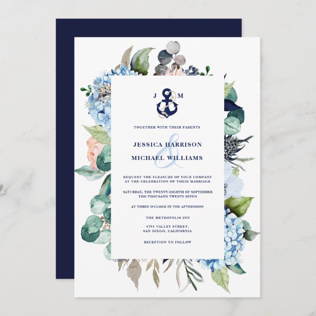 Nautical Watercolor Floral Hydrangea Wedding Invitation (Front/Back)