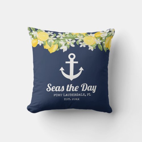 Nautical Watercolor Lemons Boat Name Throw Pillow