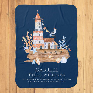 Nautical Watercolor Lighthouse Birth Stats Baby Blanket