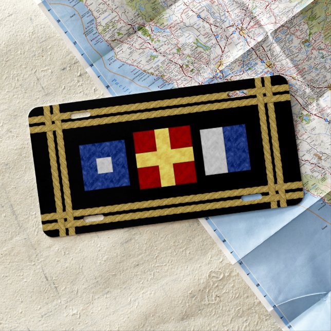 Nautical Watercolor Maritime Signal Flag Monogram License Plate (In Situ)