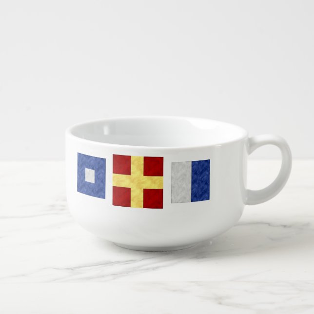 Nautical Watercolor Maritime Signal Flag Monogram Soup Mug (Left)