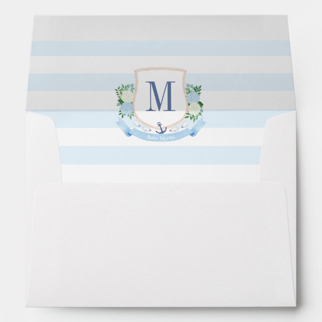 Nautical Watercolor Monogram Crest Baby Shower Envelope (Back (Bottom))