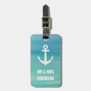 Nautical watercolor mr and mrs travel luggage tag
