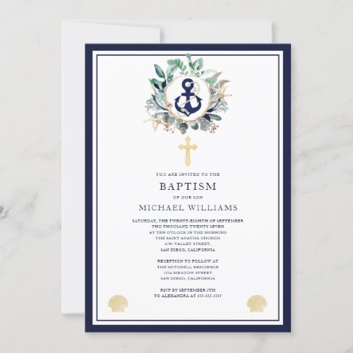 Nautical Watercolor Navy Anchor Cross Baptism Invitation
