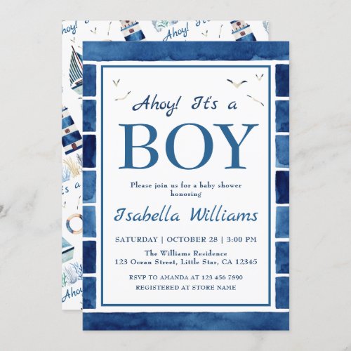 Nautical Watercolor Navy Blue Boy Baby Shower Invitation