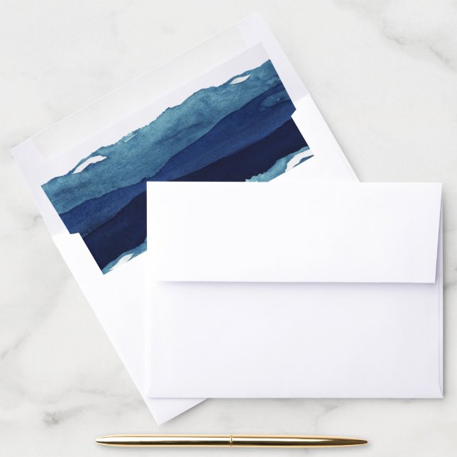 Nautical Watercolor Navy Blue Waves Envelope Liner (Desk)