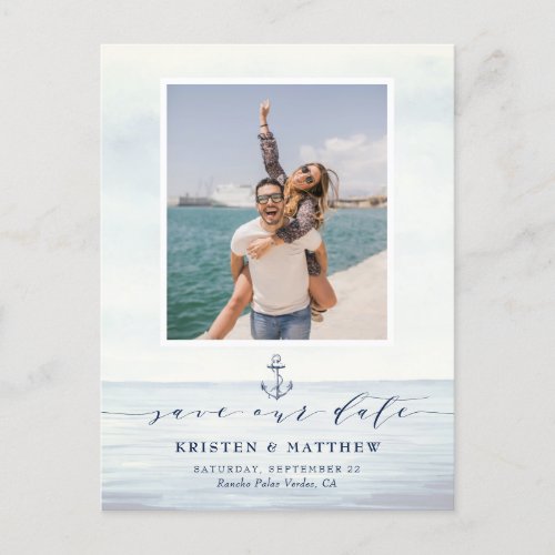 Nautical Watercolor Ocean Photo Save The Date Announcement Postcard