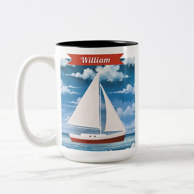 Nautical Watercolor Ocean Sailboat Personalized Two-Tone Coffee Mug (Left)