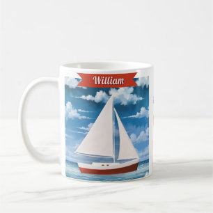 Nautical Watercolor Ocean Sailboat Personalized Two-Tone Coffee Mug