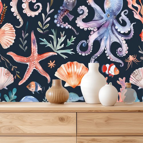 Nautical Watercolor Pattern Coral Reef Delights Wallpaper