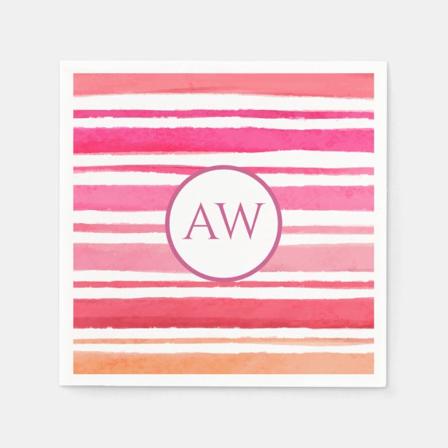 Nautical Watercolor Pink Stripe Monogram Napkins (Front)