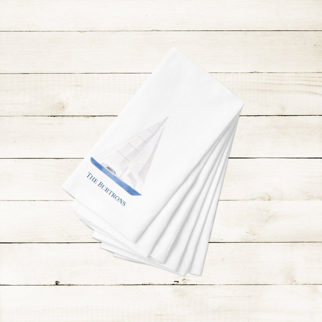 Nautical Watercolor Sail Boat  Cloth Napkin (Personalized Watercolor sail boat napkins with custom name)