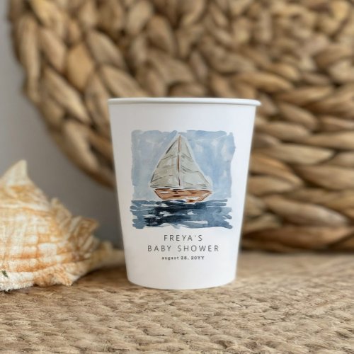 Nautical Watercolor Sailboat Baby Shower Custom Paper Cups