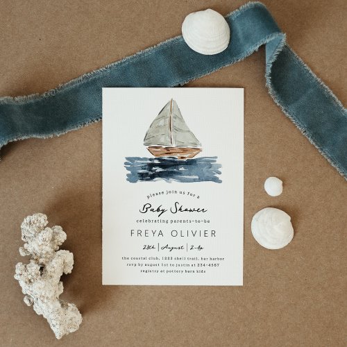 Nautical Watercolor Sailboat Baby Shower Invitation