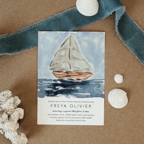 Nautical Watercolor Sailboat Painting Baby Shower Invitation