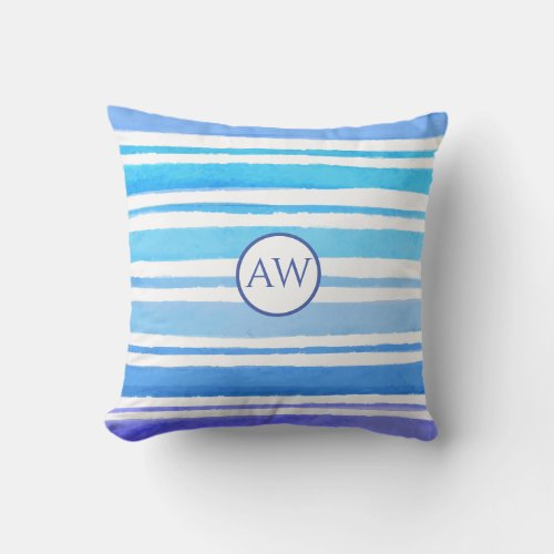 Nautical Watercolor Sea Blue Stripe Monogram Throw Pillow