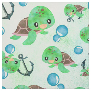 Nautical Watercolor Sea Turtle Anchors & Bubbles Fabric