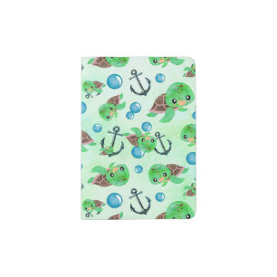 Nautical Watercolor Sea Turtle Anchors & Bubbles Passport Holder