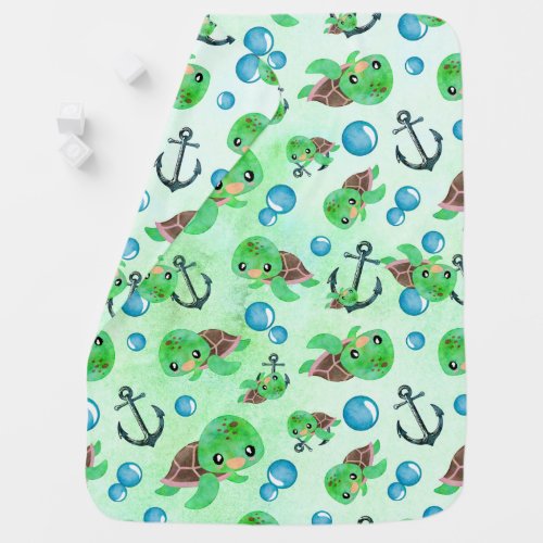 Nautical Watercolor Sea Turtle Anchors  Bubbles Stroller Blanket