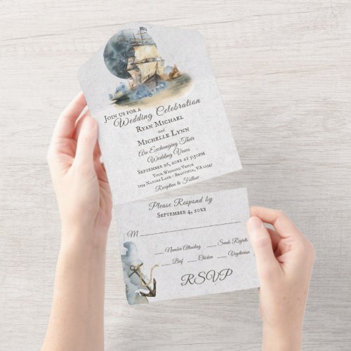 Nautical Watercolor Ship and Full Moon Wedding All In One Invitation