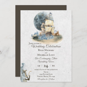 Nautical Watercolor Ship and Full Moon Wedding Invitation