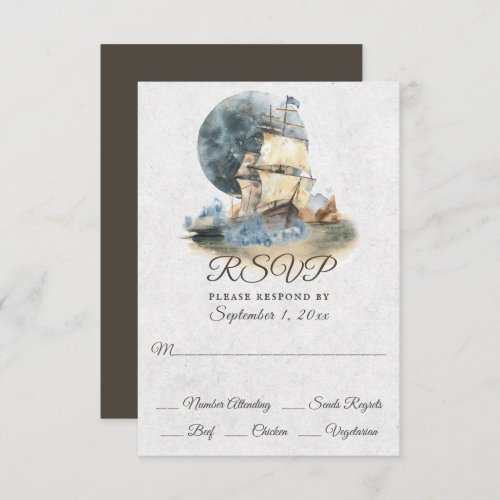 Nautical Watercolor Ship and Full Moon Wedding RSVP Card