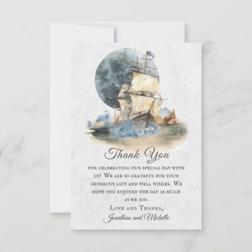 Nautical Watercolor Ship and Full Moon Wedding Thank You Card