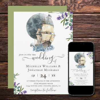 Nautical Watercolor Ship Sailing Lavender Wedding Invitation by TheBeachBum at Zazzle