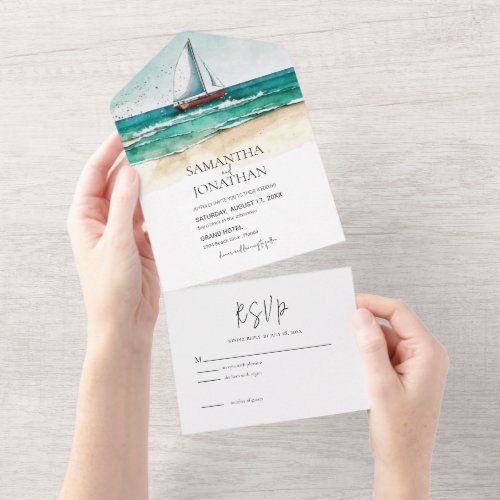Nautical watercolor simple wedding illustration all in one invitation