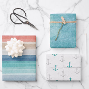 Nautical Watercolor Stripe Anchors Mix n Match Wrapping Paper Sheets