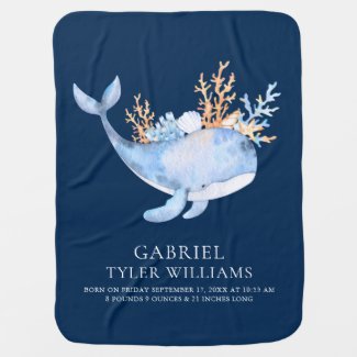 Nautical Watercolor Whale Birth Stats Navy Blue Baby Blanket