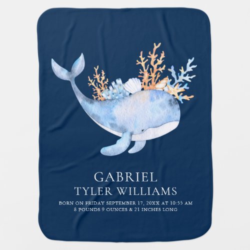 Nautical Watercolor Whale Birth Stats Navy Blue Baby Blanket