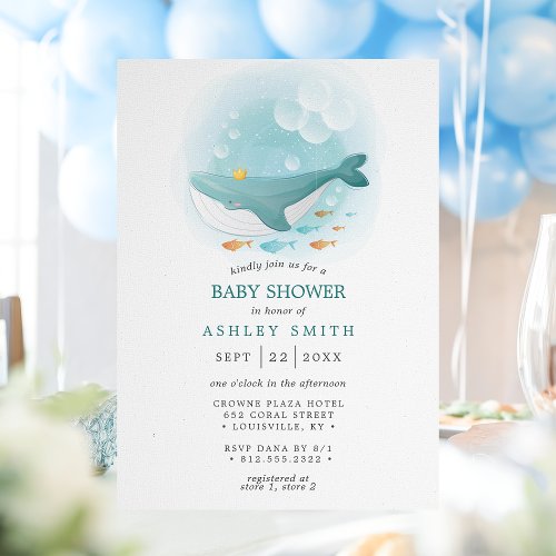 Nautical Watercolor Whale Prince Baby Shower Invitation