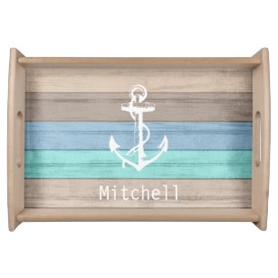 Nautical Weathered Summer Beach Wood Anchor Serving Tray