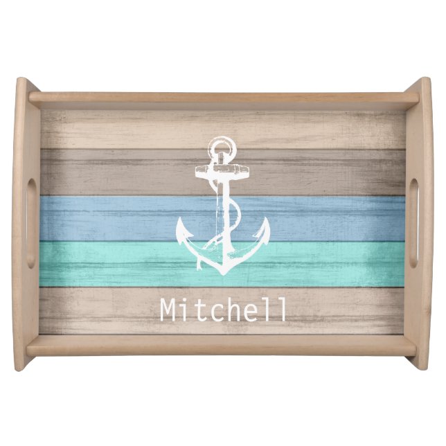 Nautical Weathered Summer Beach Wood Anchor Serving Tray (Front)