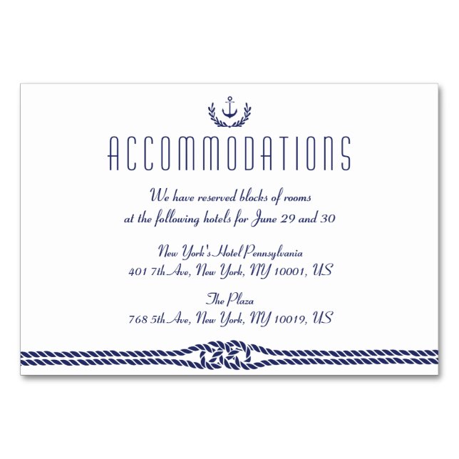 Nautical Wedding Accommodation Card With Anchors (Front)