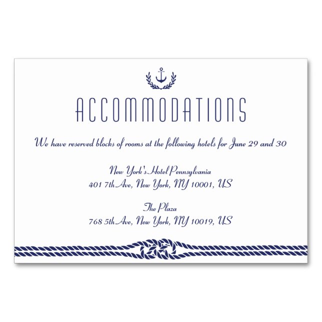 Nautical Wedding Anchor Accommodation Card (Front)