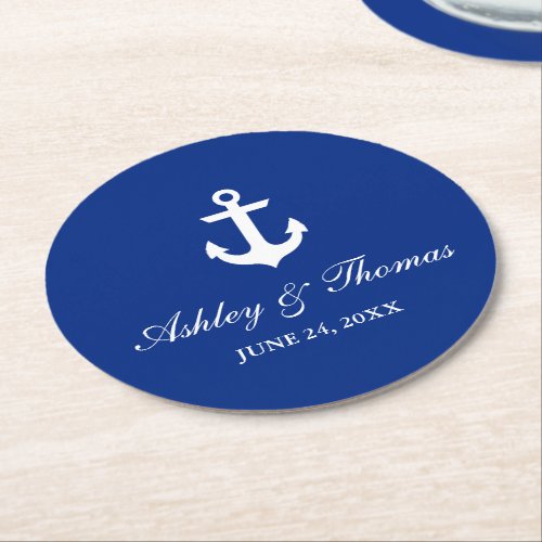 Nautical Wedding Anchor Blue Round Paper Coaster