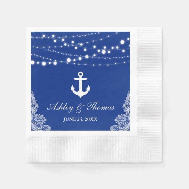 Nautical Wedding Anchor Lights & Lace Blue C Napkins (Front)
