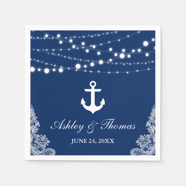 Nautical Wedding Anchor Lights & Lace Navy Blue Napkins (Front)