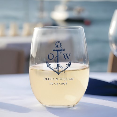 Nautical Wedding Anchor Monogram  Stemless Wine Glass