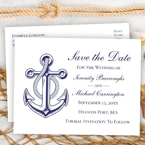 Nautical Wedding  Anchor Navy Blue Save The Date  Postcard