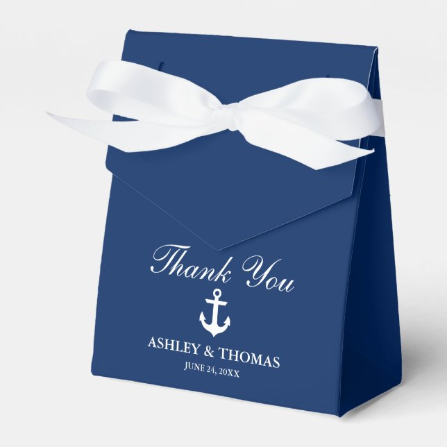 Nautical Wedding Anchor Navy Blue Thank You Bow Favor Boxes (Front Side)