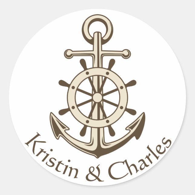 Nautical Wedding Anchor & Ship Wheel Brown Classic Round Sticker (Front)
