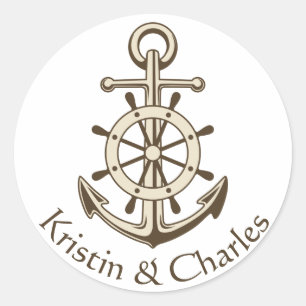 Nautical Wedding Anchor & Ship Wheel Brown Classic Round Sticker