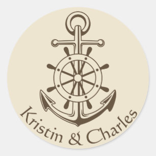 Nautical Wedding Anchor & Ship Wheel Tan Love Classic Round Sticker