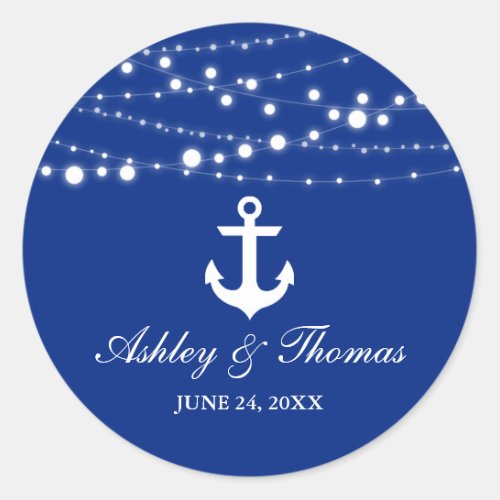 Nautical Wedding Anchor String Lights Blue Classic Round Sticker