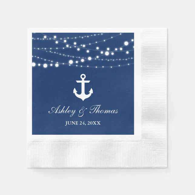 Nautical Wedding Anchor String Lights Navy Blue Napkins | Zazzle